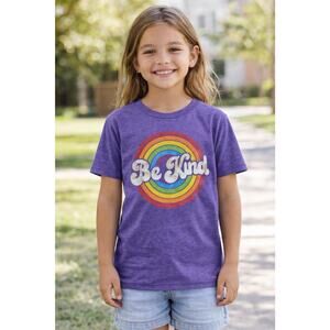 Gildan Softstyle Kids Medium Purple “Be Kind” Rainbow Graphic T-Shirt NEW